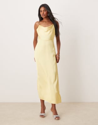 VILA - Maxikleid aus Satin in Bananengelb mit Wasserfallausschnitt