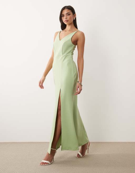 Vila – Maxikleid in Salbeigrün mit tiefem V-Ausschnitt und Beinschlitz, 2 von 4