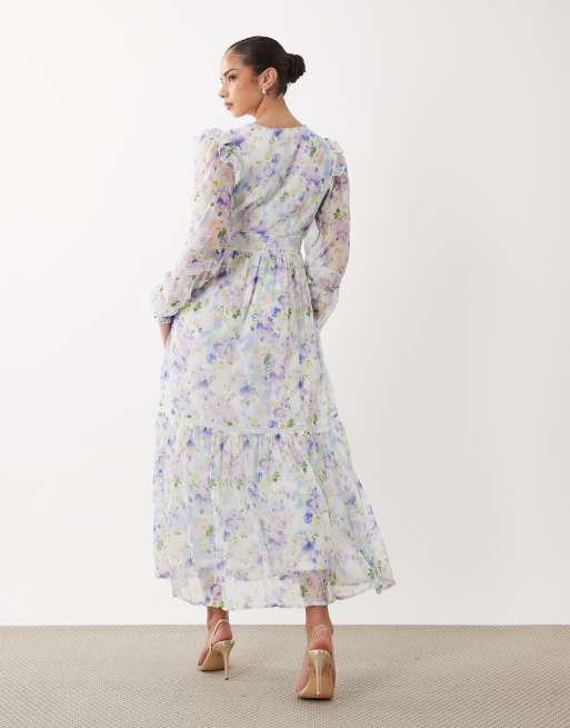 VILA – Maxikleid in Weiß mit Blumenmuster, Spitzendetail und Rüschen, 2 von 4