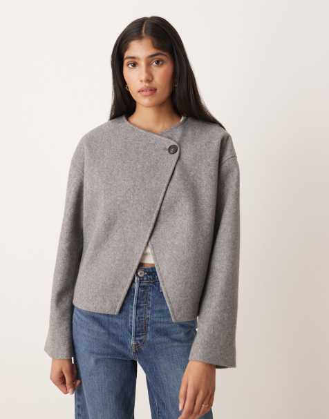 Vila – Mellangrå, melerad, kort jacka i ylle med omlottdesign framtill - view 1