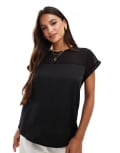 [Vila] Vila mesh detail t-shirt with turn up sleeve in black 44 Black