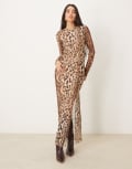 [Vila] VILA mesh long sleeve maxi bodycon dress in leopard print-Multi 2XL Black AOP Leo