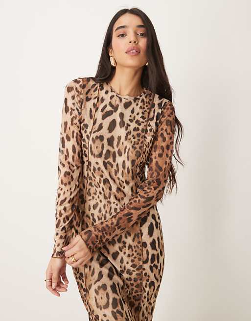 cheetah print long sleeve dress Leopard Mesh Crew Neck Maxi back vibe Verdusa Women's Y2k Cheetah Print