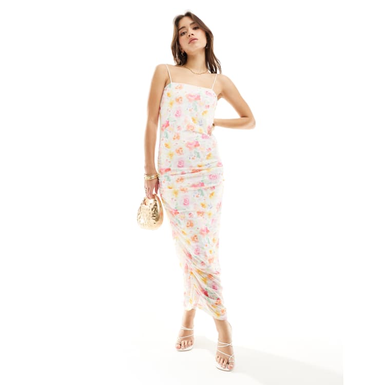ワンピース Floral Pleated Satin Cami Dress Milumia Women's Floral Ruched Mesh Bodycon Maxi Dress Cowl