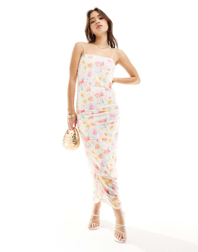 Vila - mesh ruched maxi cami dress in pastel floral print