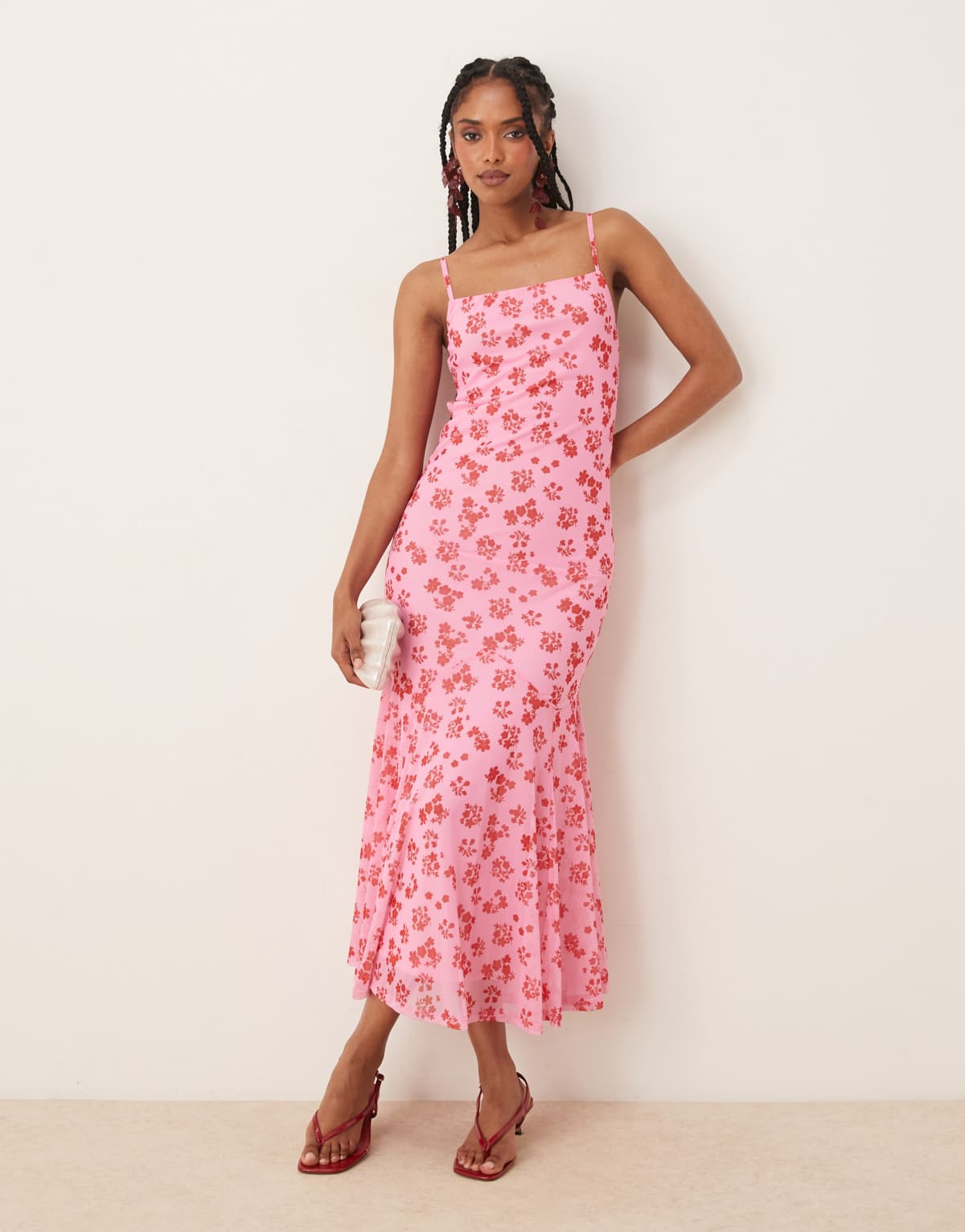 Vila mesh square neck cami maxi dress in pink floral print