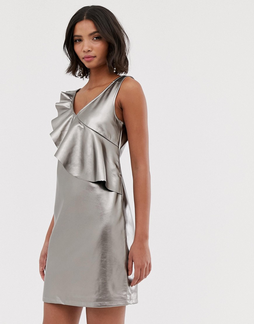 Vila metallic mini shift dress in gray with frill detail