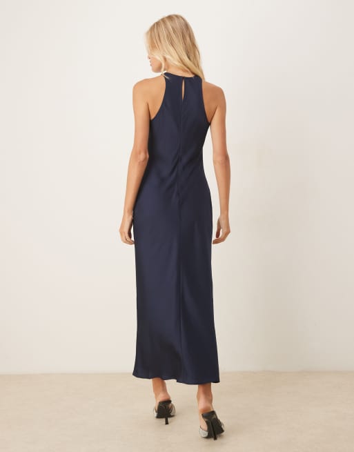 VILA – Midaxi-Kleid aus Satin in Marineblau mit Ringerrücken, 2 von 4