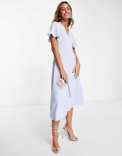 Vila - Midi-bruidsmeisjesjurk met overslag in blauw - LBLUE