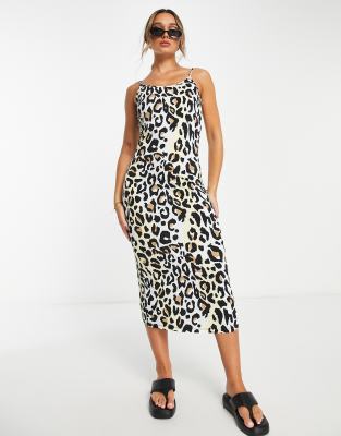 Vila Midi Cami Dress In Blue Leopard Print-multi