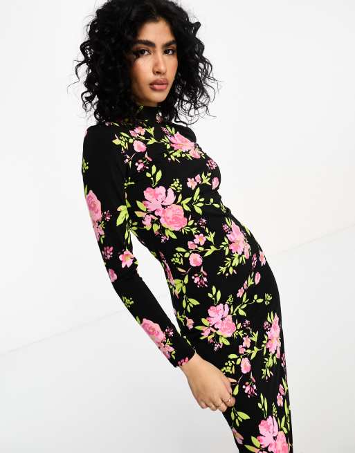 Vila - Midi coltrui-jurk met zijsplit in roze bloemenprint
