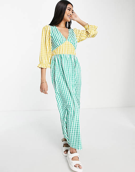 Vila midi dress in contrast green and yellow gingham