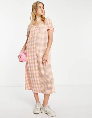 Vila midi dress in mixed scale pink check-Multi