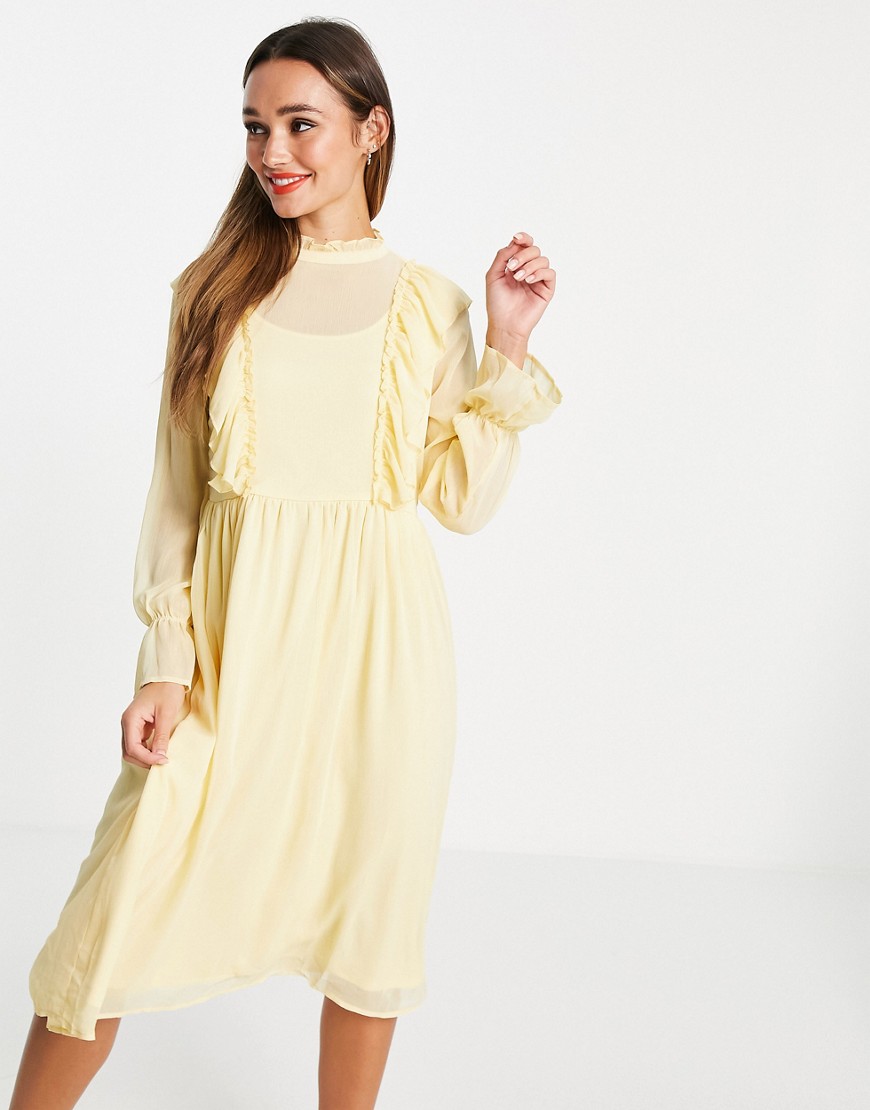 Vila midi dress with frill detail in yellow - YELLOW