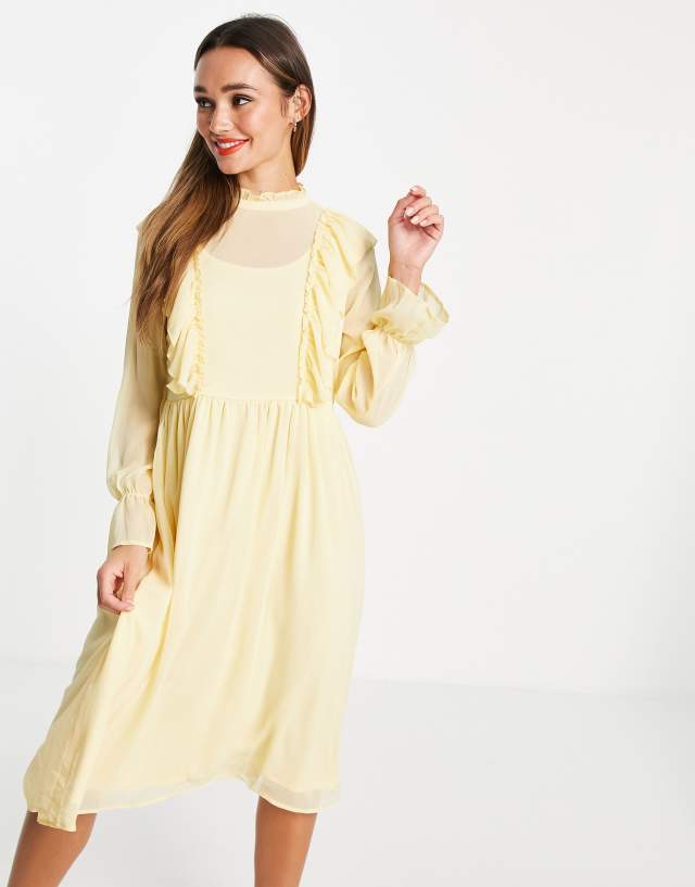 Vila - midi dress with frill detail in yellow - yellow