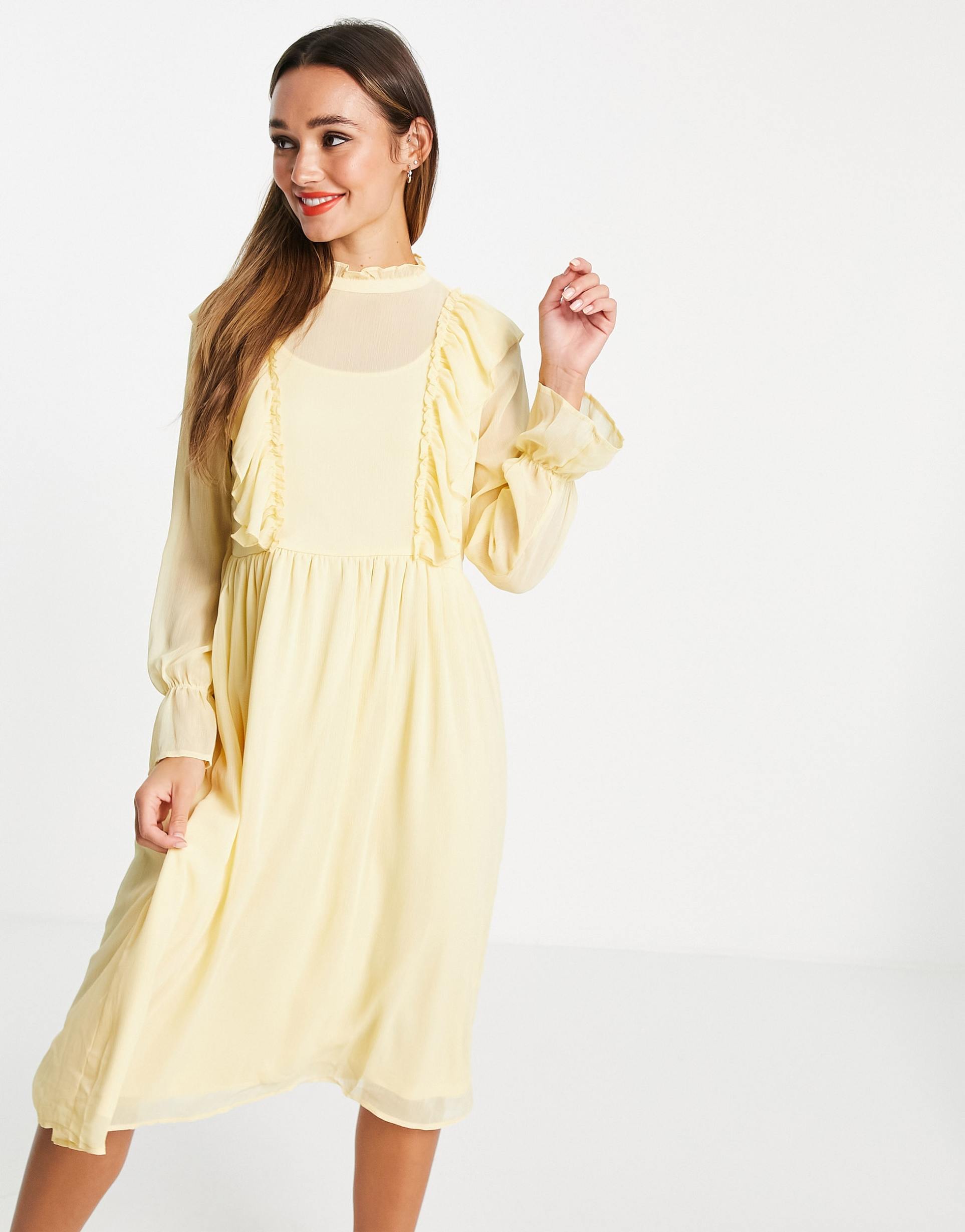 vila midi dress with frill detail in yellow