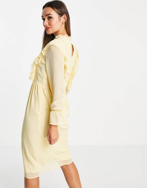 Vila midi dress with frill detail in yellow