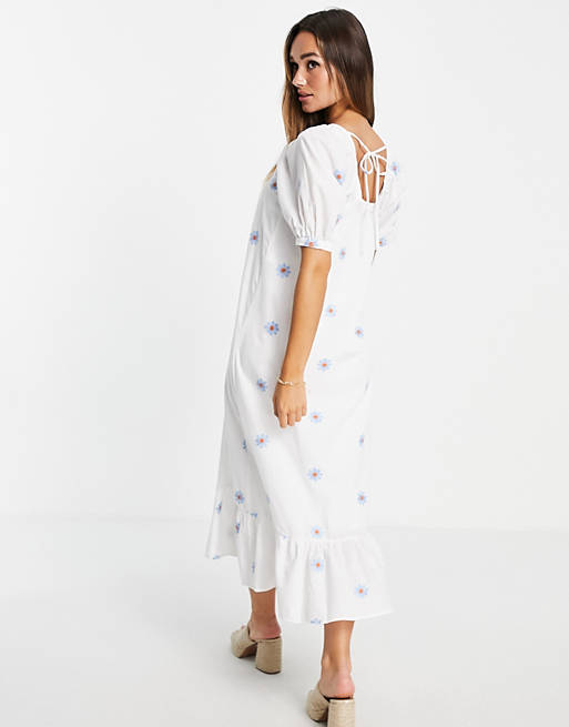 Vila midi dress with puff sleeves in white with blue embroidered flowers