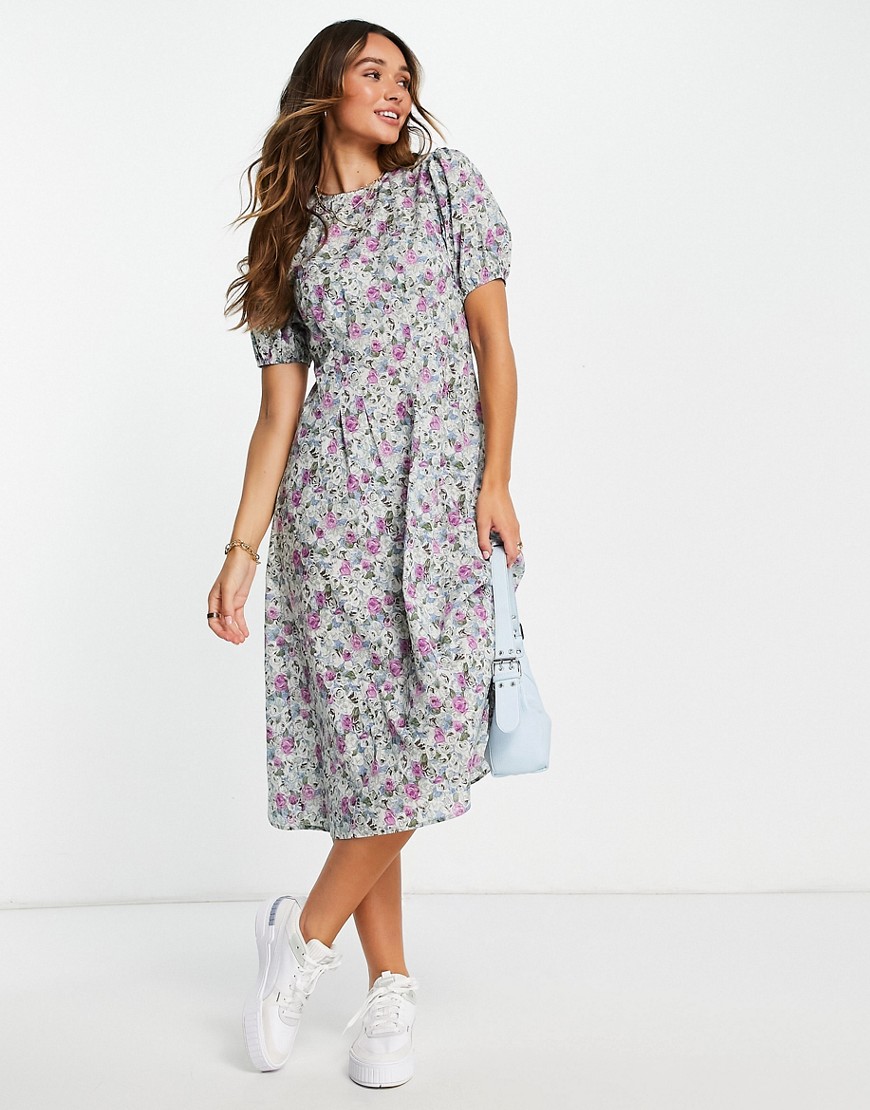 Vila midi dress with short puff sleeves in green and pink floral-Multi