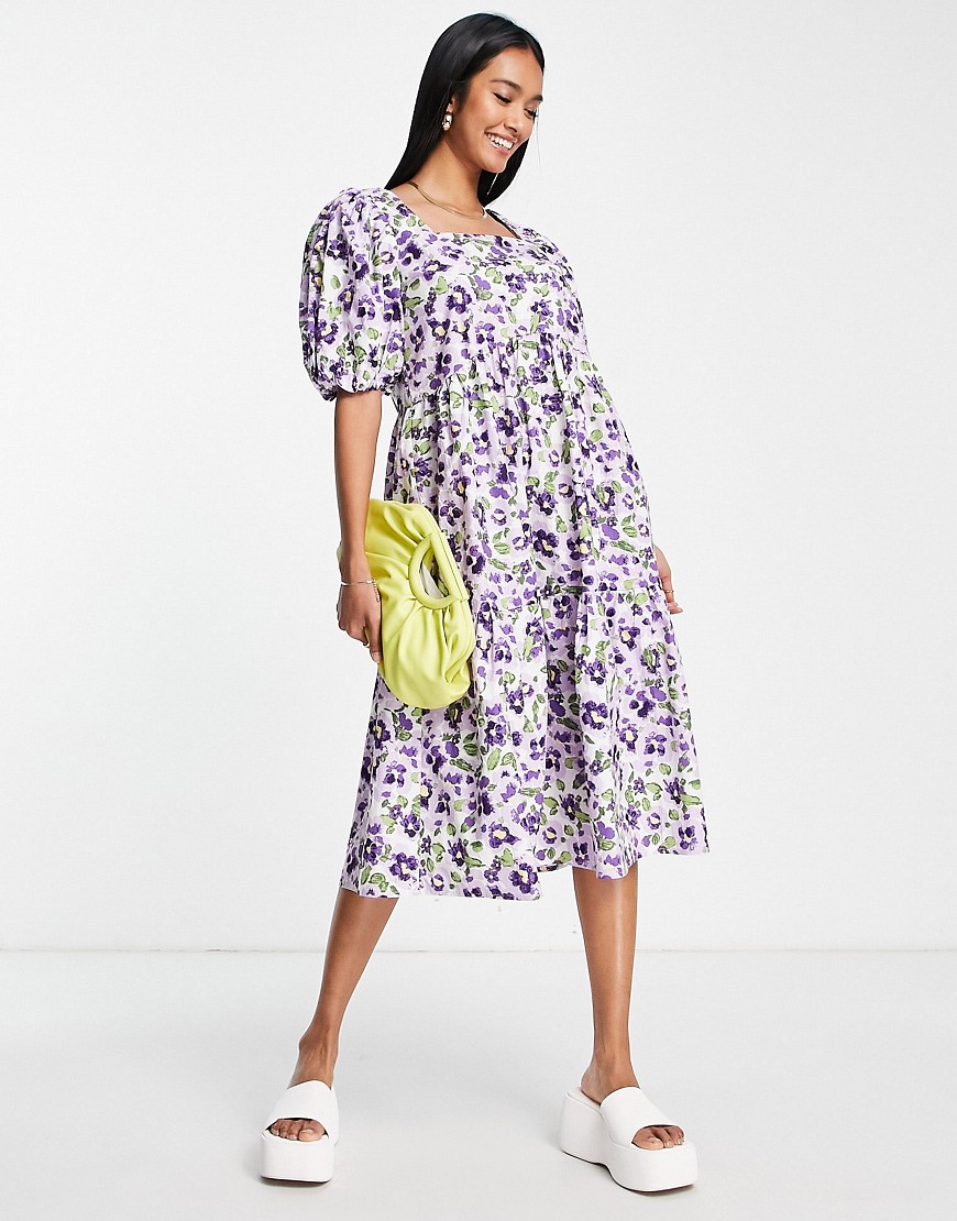 Vila midi dress with square neck and volume sleeves in purple floral-Multi