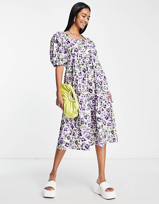 Vila midi dress with square neck and volume sleeves in purple floral