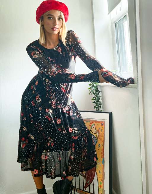 Sheer floral midi hot sale dress