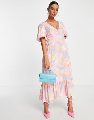 Vila midi dress with v neck in pastel abstract print