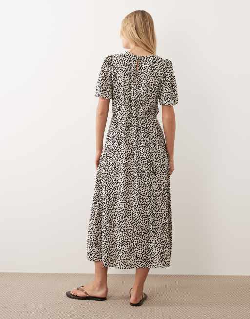 VILA - Midi jurk met gestrikte taille en stippen in crème en zwart, 4 van 4