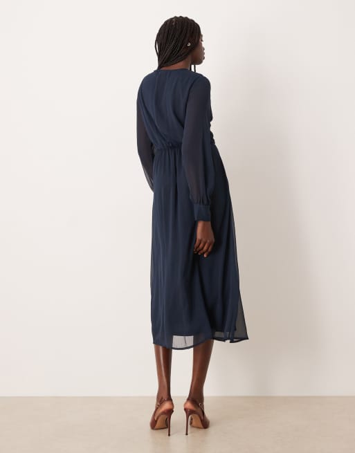 VILA - Midi jurk met lange mouwen en V-hals in marineblauw, 3 van 4