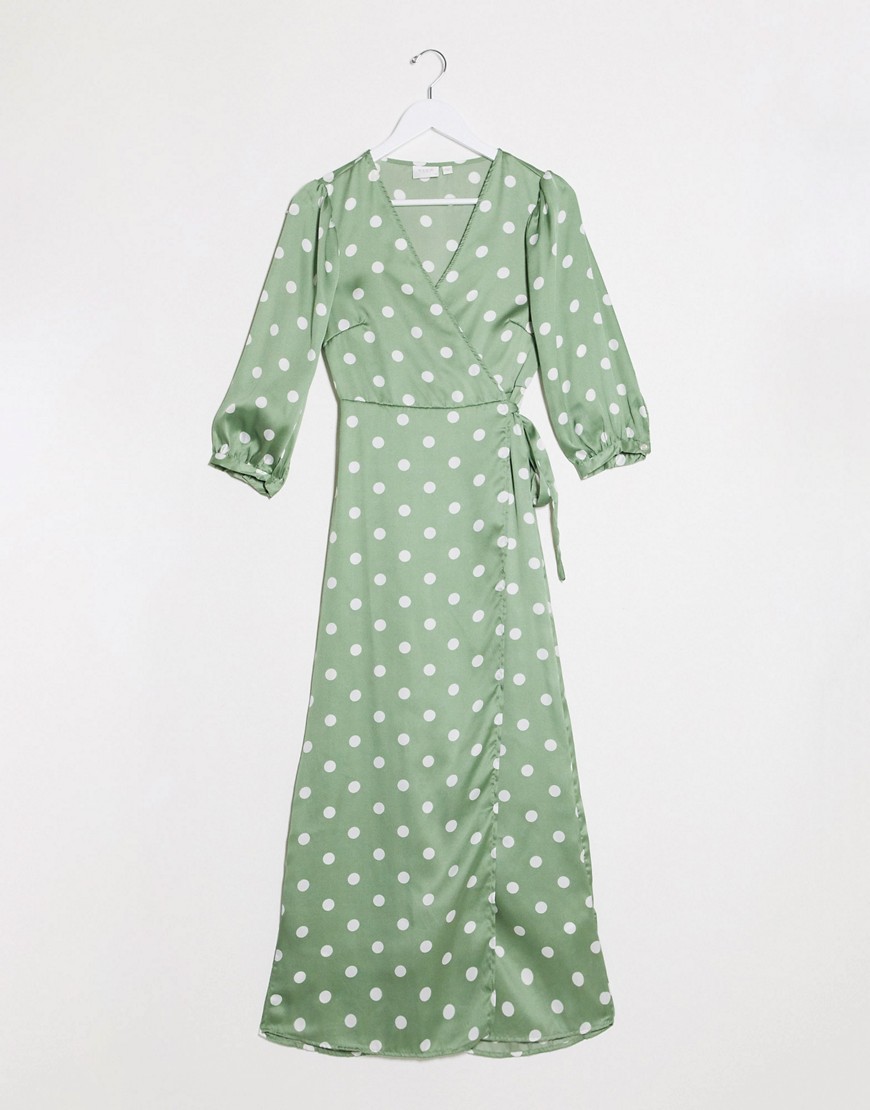 Vila - Midi-jurk met overslag en stippen in groen