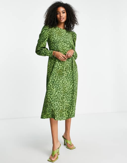 Vila Midi jurk met schouderdetail in groen met luipaardprint ASOS