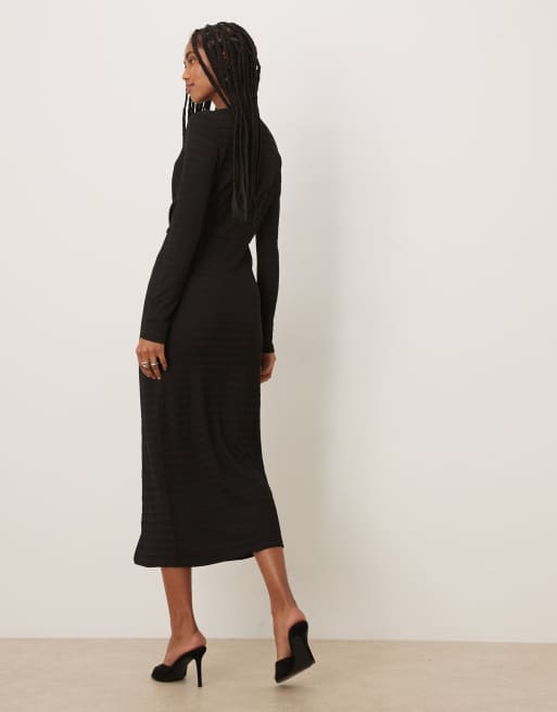 VILA - Midi jurk met textuur en gedraaid detail in zwart, 4 van 4