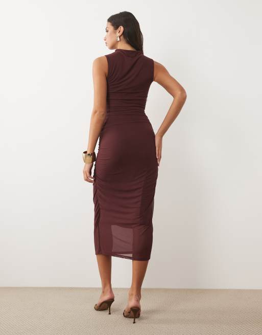Vila midi-kjole i mesh med rynkedetalje og høj hals i burgundy, 3 af 4