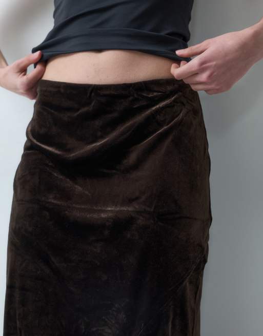 Vila midi-rok met asymmetrische zoom, fluweel, kanten bies, co-ord, chocoladebruin, 5 van 5