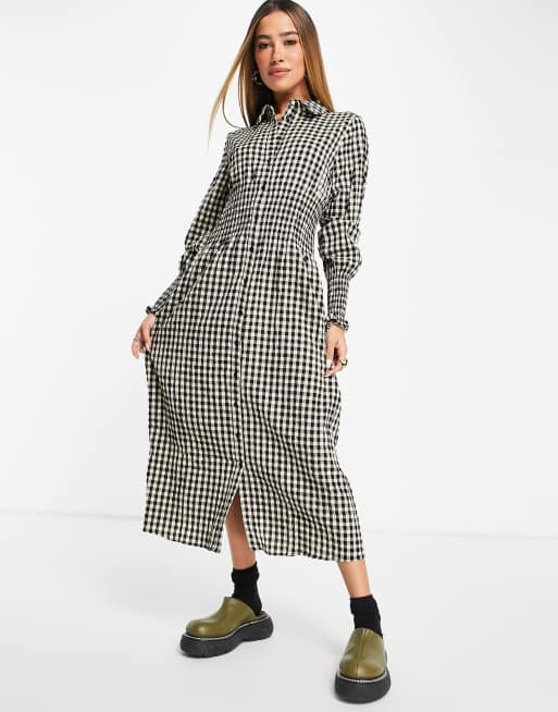 Vila midi shirt dress with shirred waist in check | ASOS