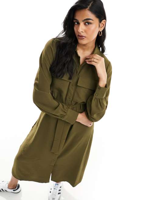 Vila midi shirt dress with tie waist belt in olive , 2 of 4