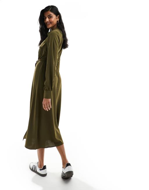 Vila midi shirt dress with tie waist belt in olive , 3 of 4