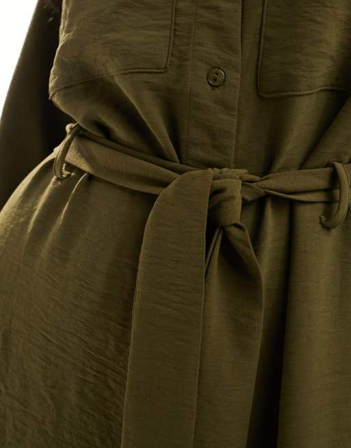 Vila midi shirt dress with tie waist belt in olive , 4 of 4