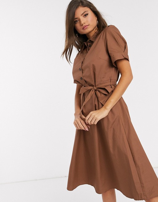 Vila midi shirt dress with tie waist in brown