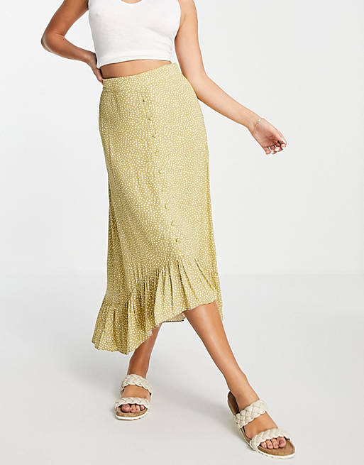 Vila midi skirt co-ord with tiered hem and button through front in lime spot