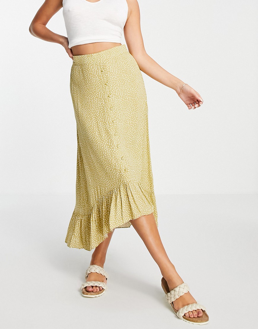 Vila midi skirt with tiered hem and button up front in lime spot - part of a set-Green
