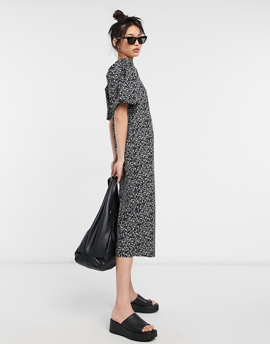 Vila midi smock dress with puff sleeves in micro floral print-Multi
