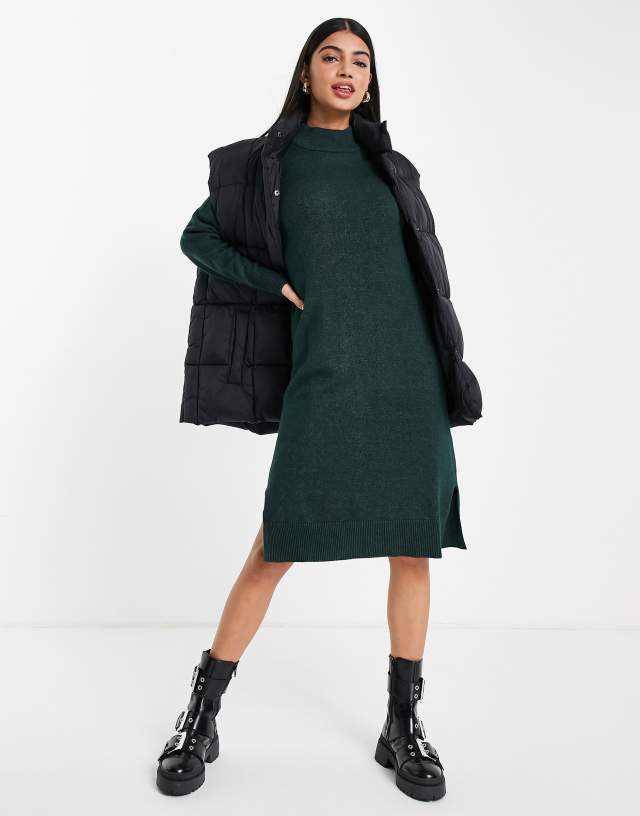 Vila midi sweater dress with ribbed high neck and side splits in green