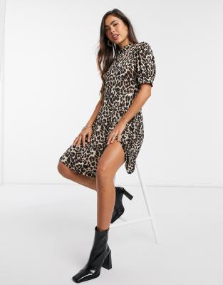 Vila midi tea dress with high neck in leopard print-Multi