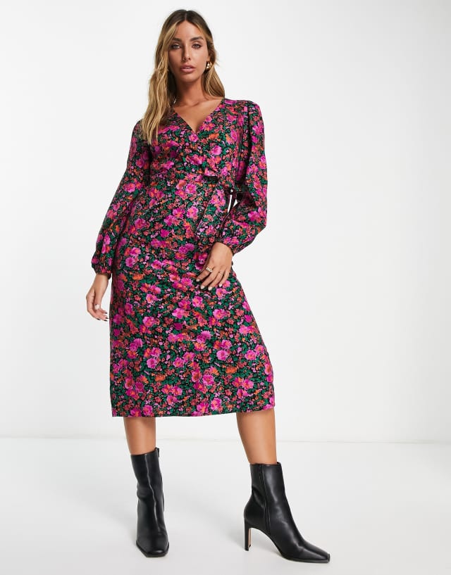 Vila midi wrap dress in pink floral print