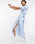 [Vila] Vila midi wrap dress with balloon sleeves in white polka dot-Multi 34 Cashmere blue aop