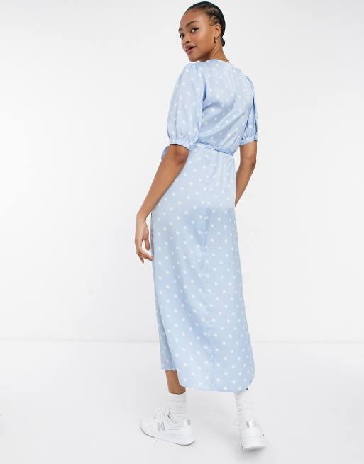 Light blue polka dot wrap clearance dress