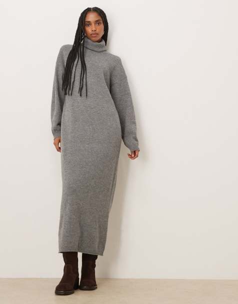 VILA – Midikleid aus Strick in meliertem Mittelgrau mit Rollkragen - view 1