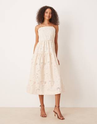 VILA - Midikleid in Birkenweiß mit Jacquardmuster und Spaghettiträgern