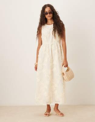 VILA - Midikleid in Creme mit Blumenapplikationen-Weiß